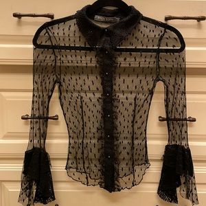 Bisou Bisou Michele Bohbot Lace Button-down Ruffled long-sleeve  Blouse Size XS